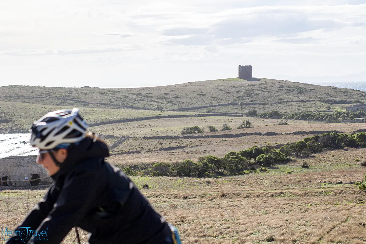 Asinara in bici con torre sfuocata marti