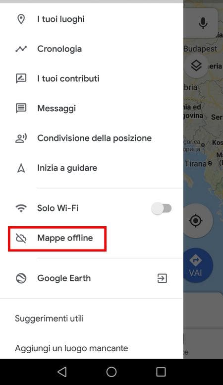 menu principale mappe offline