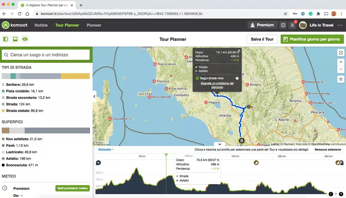 Komoot altimetria e tipologia di strada